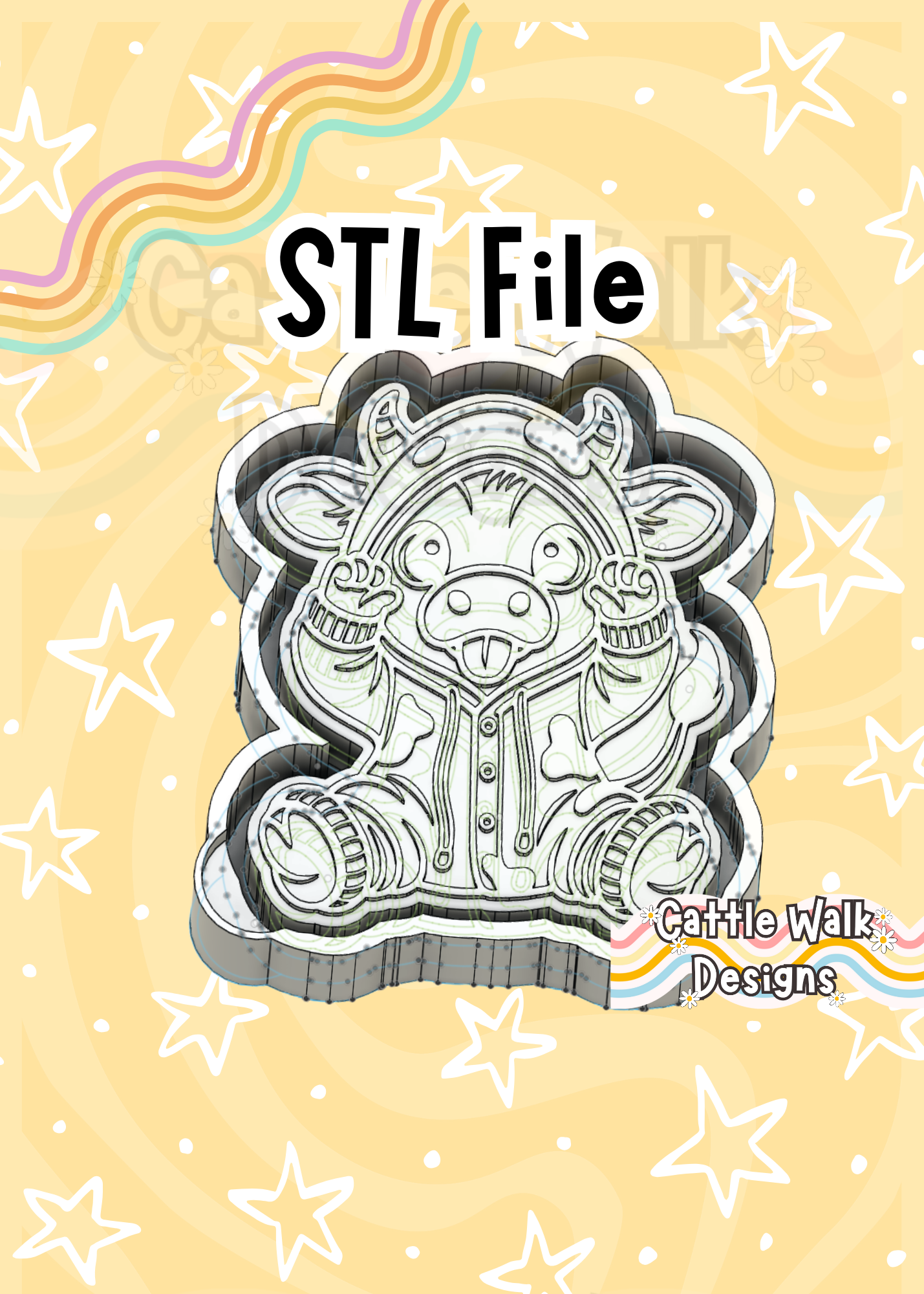 Sleepy Baby Cow Wearing Pajamas Freshie Mold STL Download