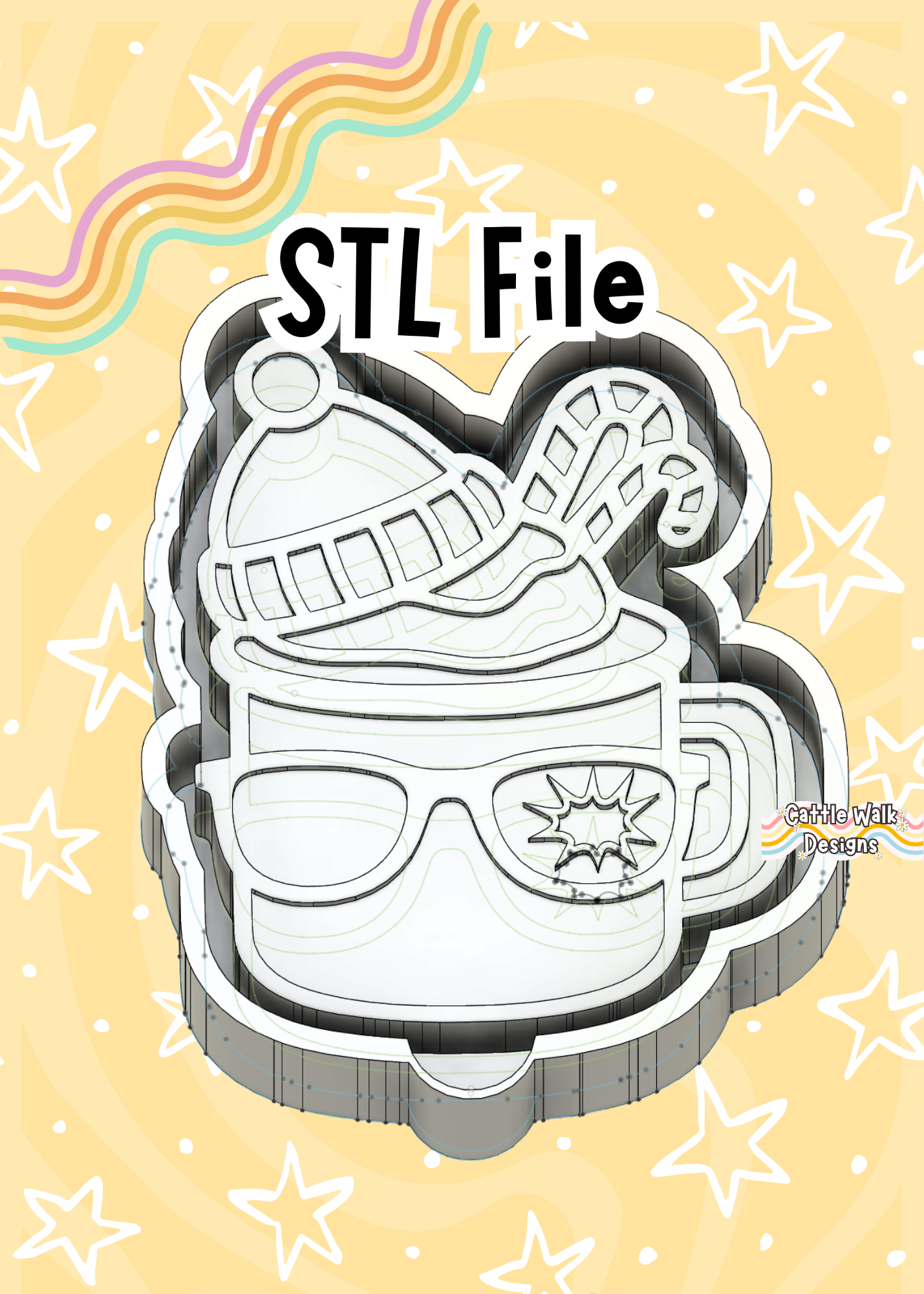Winter Mug Freshie STL File – Beanie, Candy Cane & Sunglasses Design