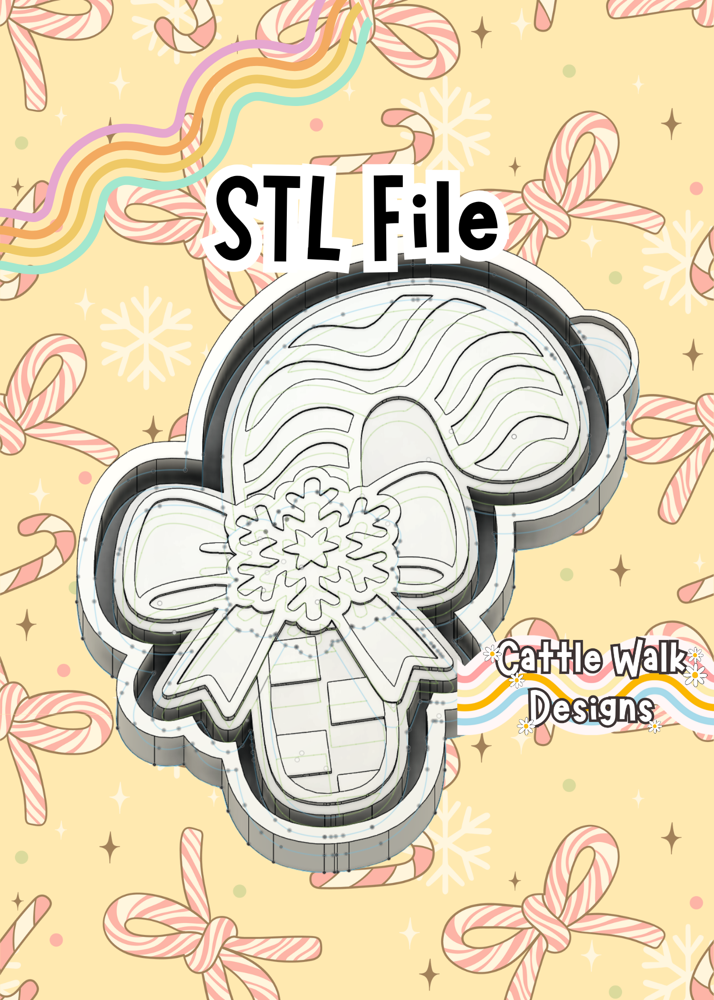 Candy Cane with Bow & Snowflake STL File