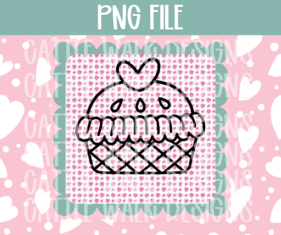 Heart Top Cupcake Outline PNG – Black & White Cupcake Clipart, Cute Dessert Line Art PNG for Sublimation, Coloring, Freshies, or Laser Cutting