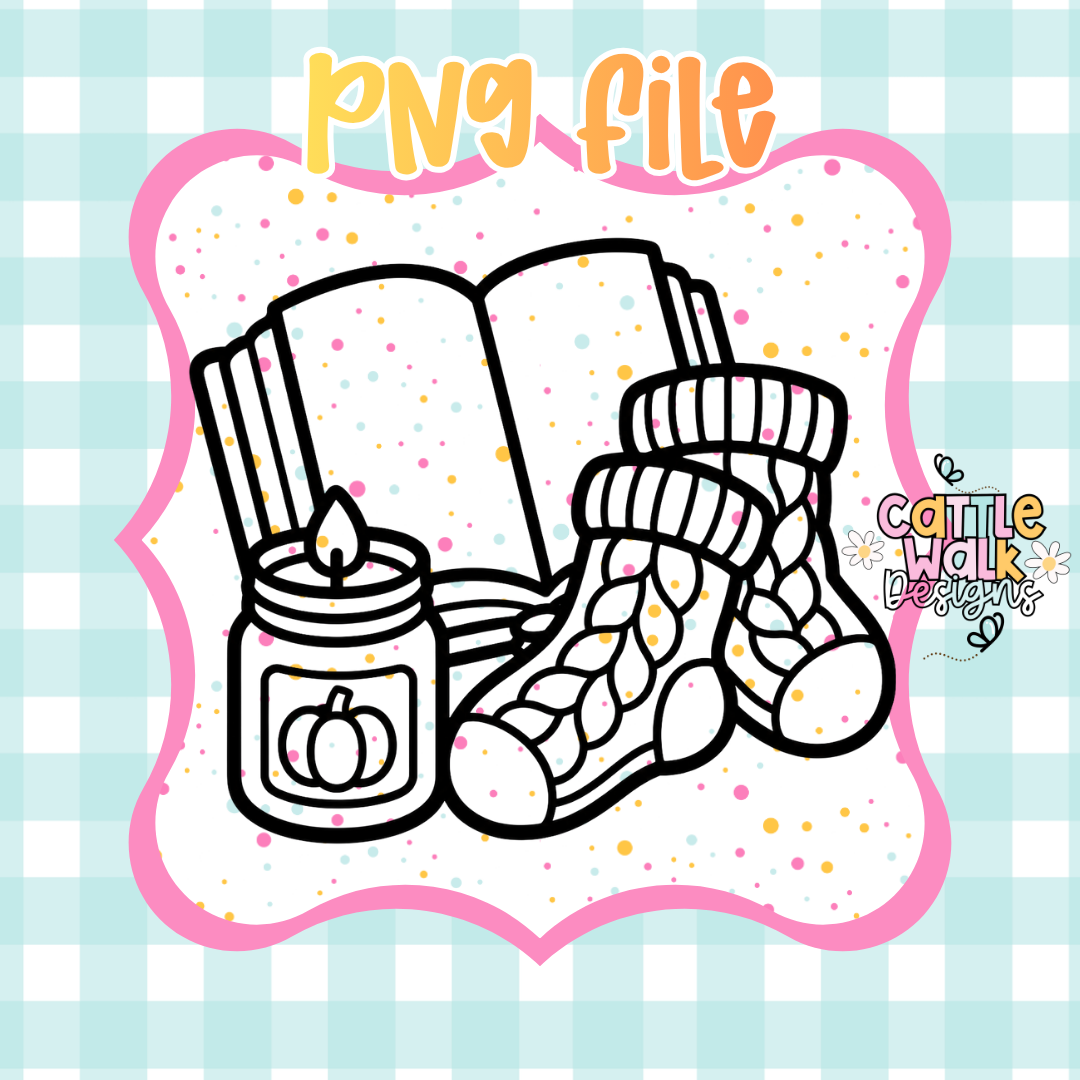 Cozy Winter Reading PNG | Books, Knit Socks & Pumpkin Candle Digital Download | Fall Sublimation PNG | Printable Design