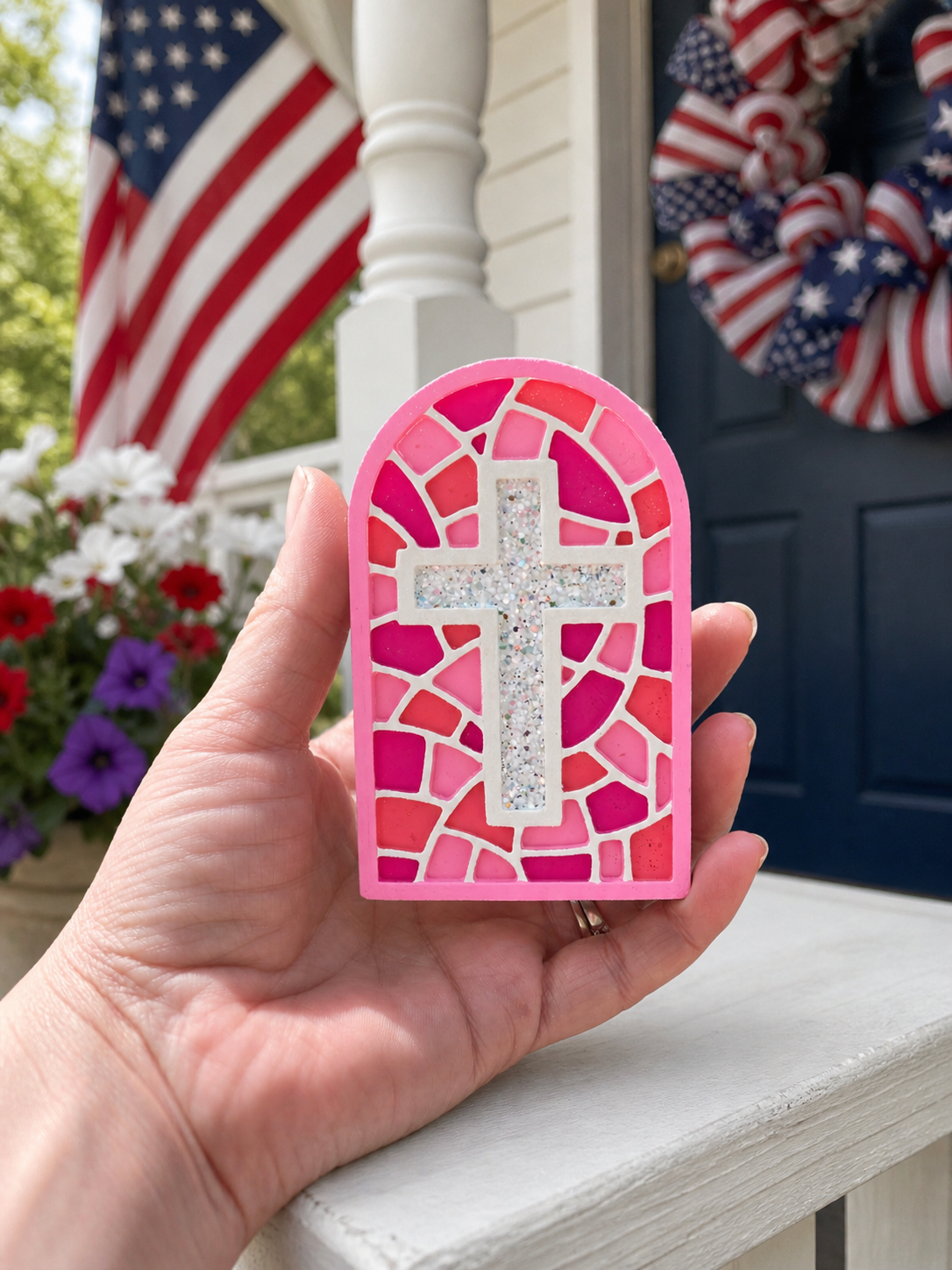 RTS Pink Cross Freshie | Mahogany Coconut Scent | Stained Glass Cross Car Freshie | Christian Decor