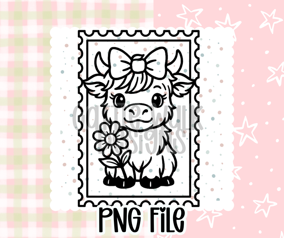 Highland Cow Flower Stamp Outline – Chunky Bold Freshie PNG