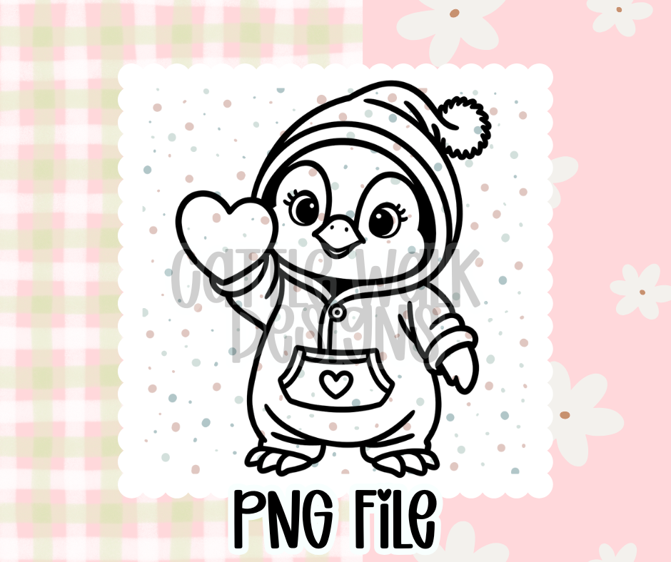 Sweetheart Penguin Valentine Outline – Chunky Bold Freshie PNG