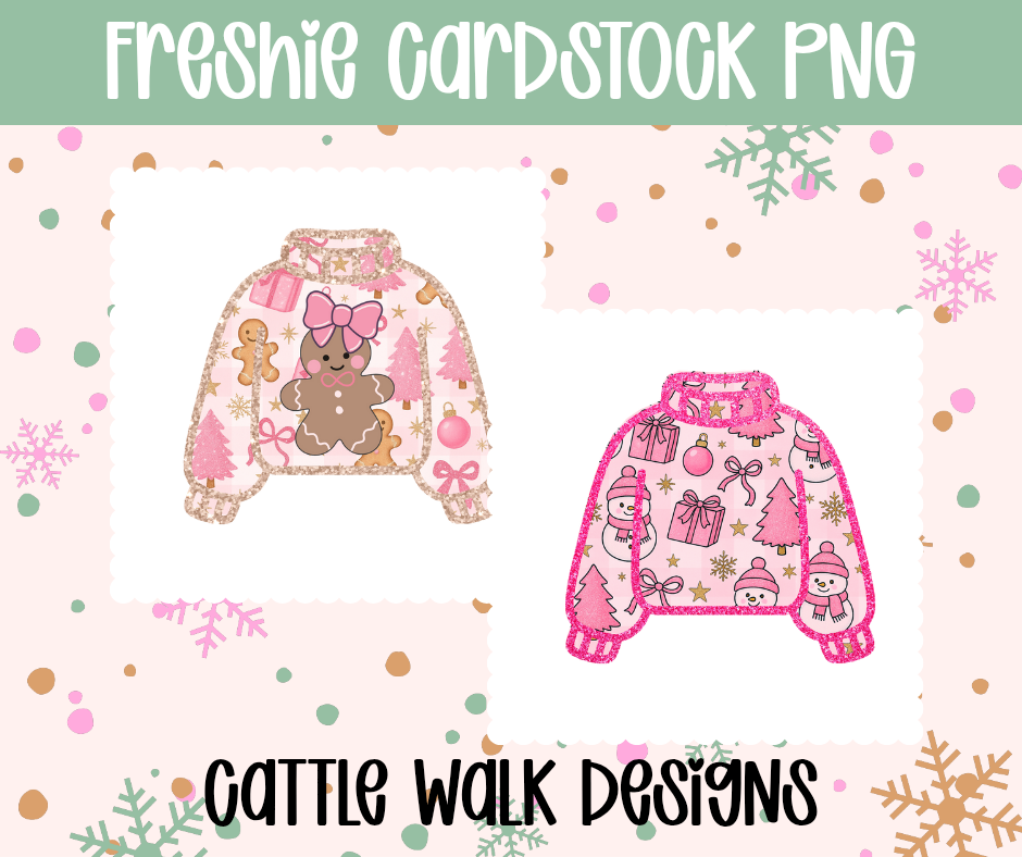 Pink Gingerbread & Snowman Sweater Freshie Cardstock PNG Bundle | Christmas Digital Download