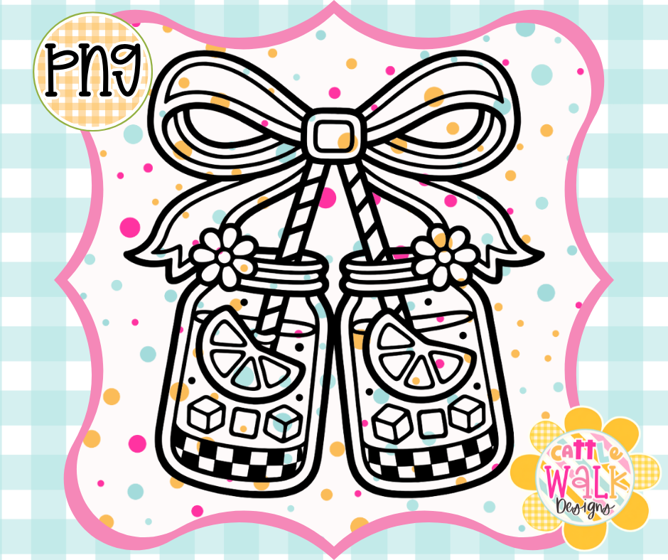 Cherry Bow Lemonade Jars PNG | Summer Mason Jar Drink Design | Bold Outline Freshie Digital Download