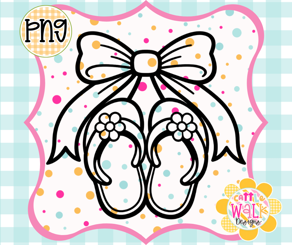 Cherry Stem Bow Flip Flops PNG | Boutique Beach Sandals Summer Design | Bold Outline Freshie Digital Download