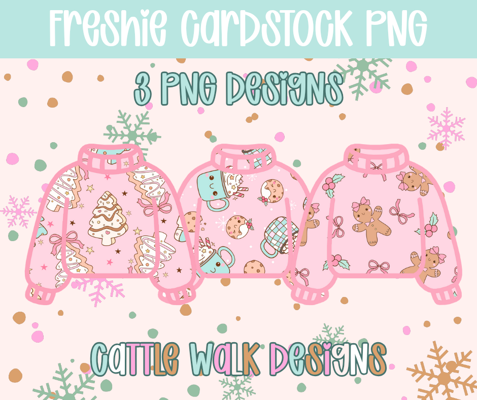 Pink Christmas Sweater Freshie Cardstock PNG Bundle | Gingerbread, Cocoa, & Tree Designs | 3-Pack Digital Download