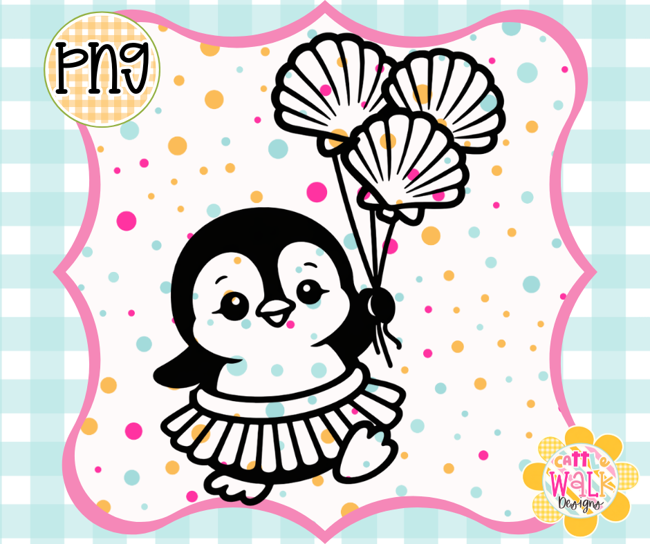 Tropical Penguin PNG | Seashell Balloon Beach Design | Bold Outline Freshie Digital Download