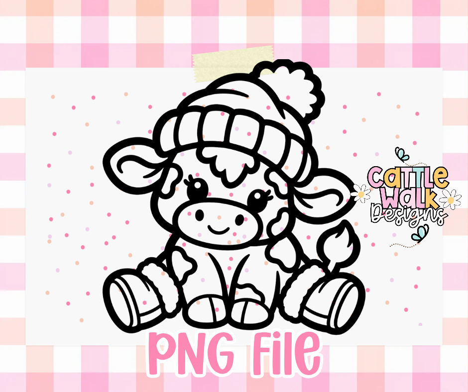 Cozy Winter Cow PNG | Cute Baby Cow in Beanie & Boots | Winter Freshie Design