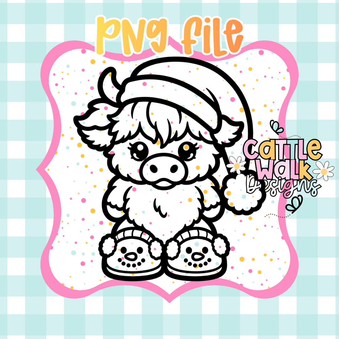 Christmas Highland Cow PNG | Cute Cow in Santa Hat & Snowman Slippers | Digital Download