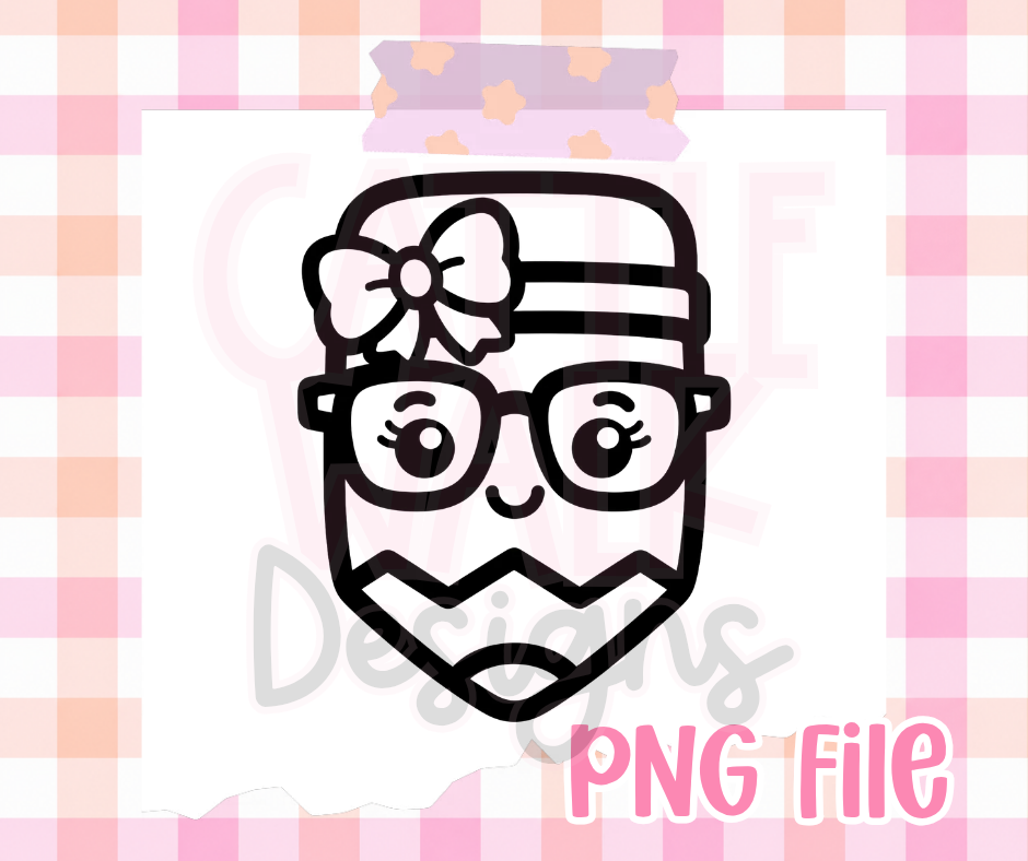 Girly Pencil PNG | Cute School Pencil with Bow & Glasses Digital Download