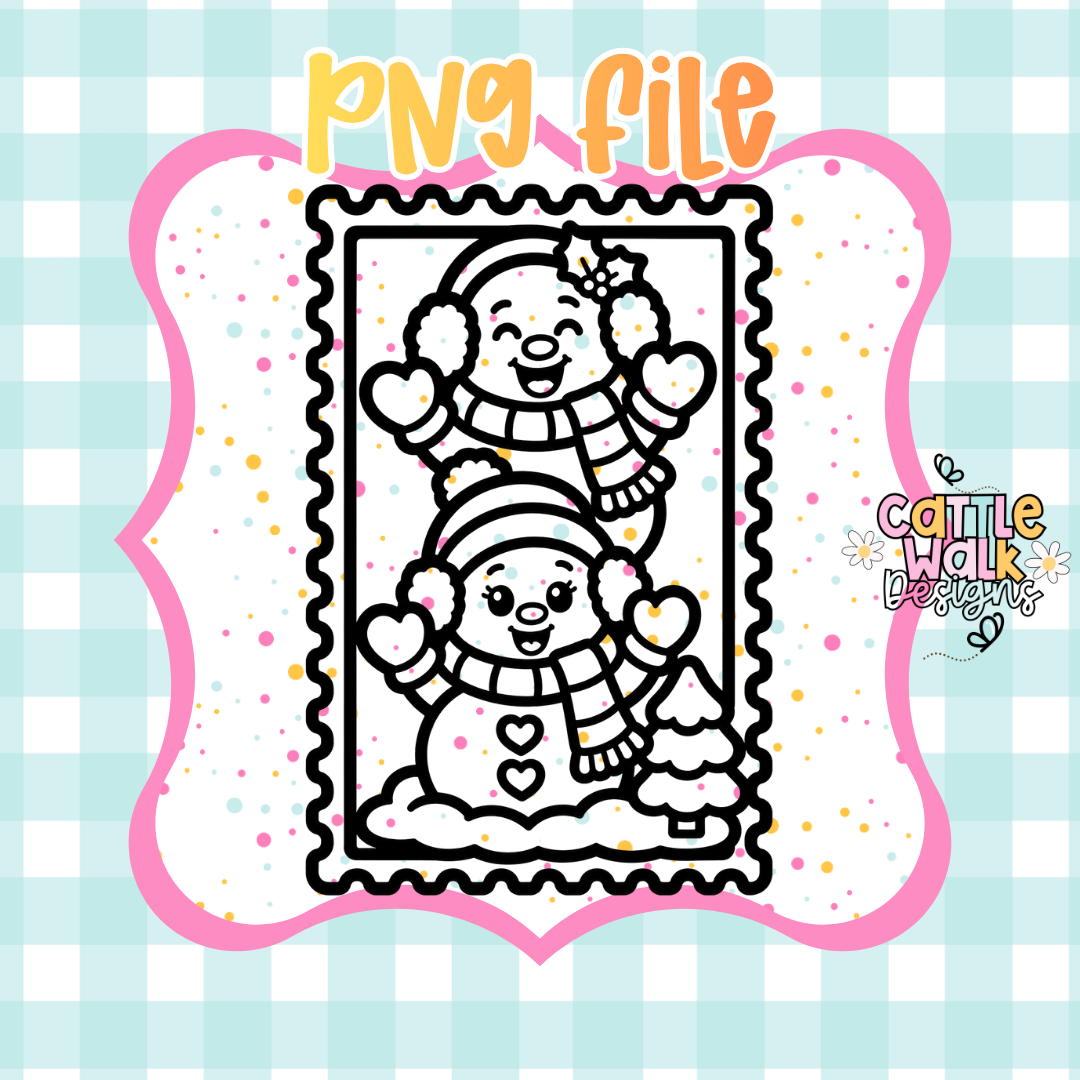 Snowman Family Postage Stamp PNG | Cute Christmas Digital Download | Winter Sublimation PNG | Printable Design