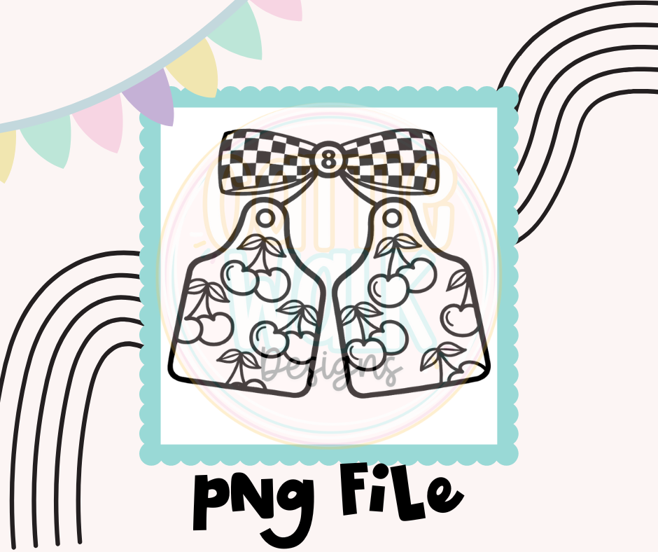 Cherry Cow Tags PNG | Retro Checkered Bow Design | Digital Download