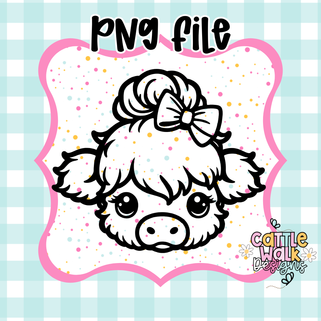 Highland Cow Bun PNG | Cute Kawaii Cow Face Outline | CWD-Style Thick Bold Outline | Freshie Mold Design PNG