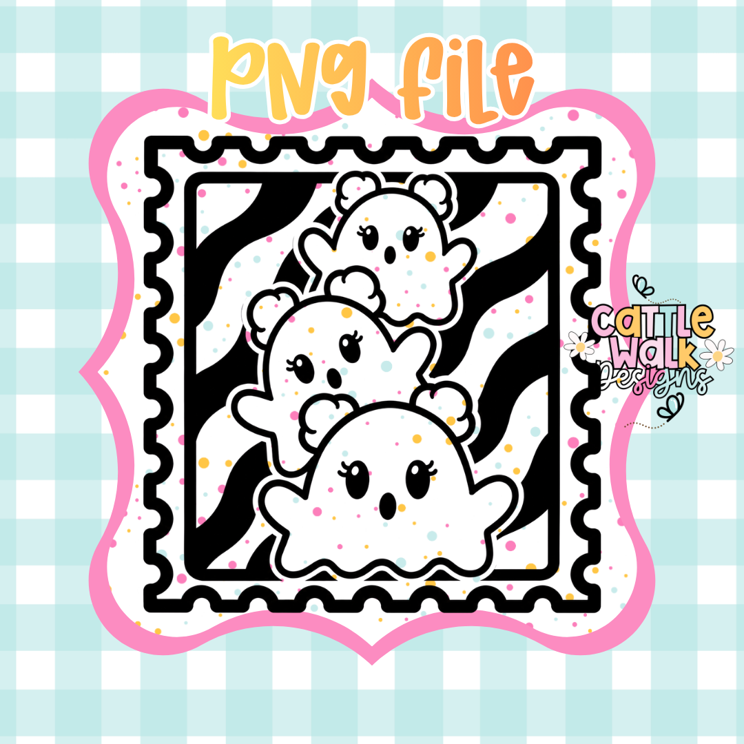 Ghost Trio Postage Stamp PNG | Cute Ghost PNG | Space Bun Ghost PNG | Halloween Stamp PNG | Spooky Cute Digital Download