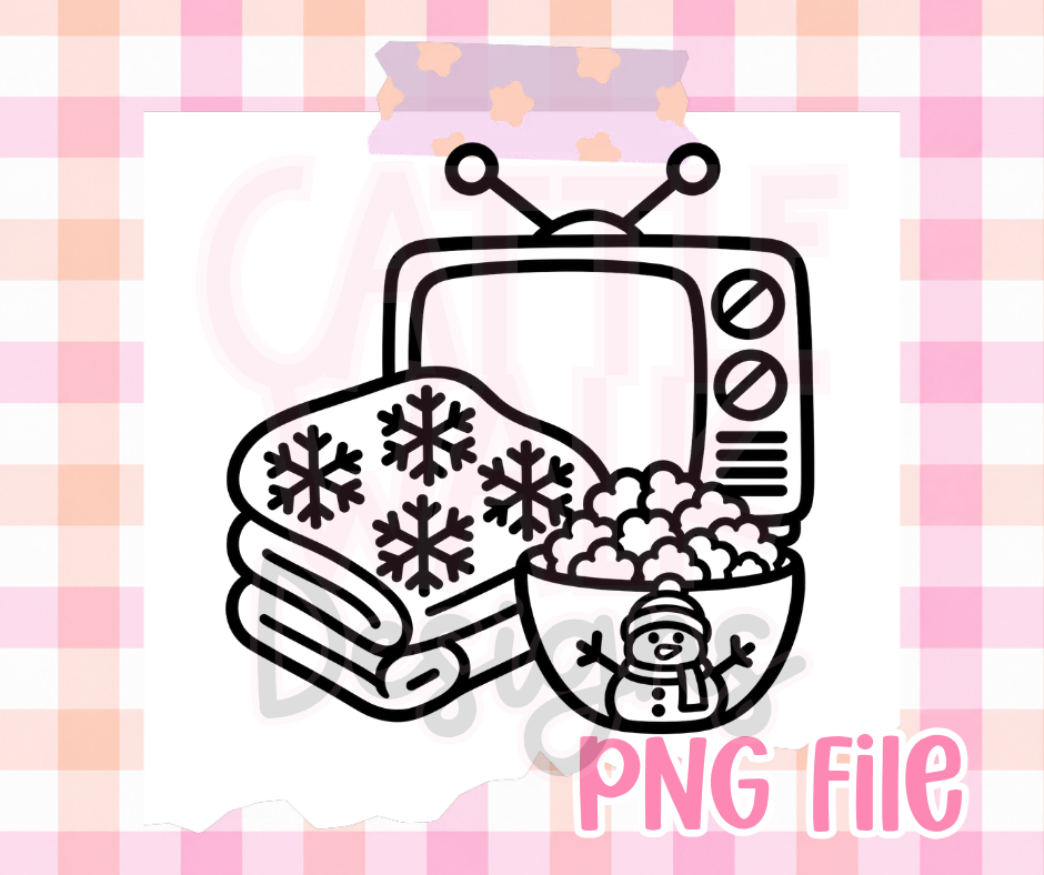 Cozy Winter Movie Night PNG | Retro TV Snowflake Blanket & Popcorn Digital Download