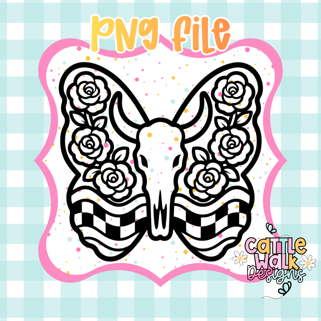 Western Rose Butterfly PNG | Cow Skull Butterfly Sublimation Design | Checkered Western Floral PNG | Commercial Use