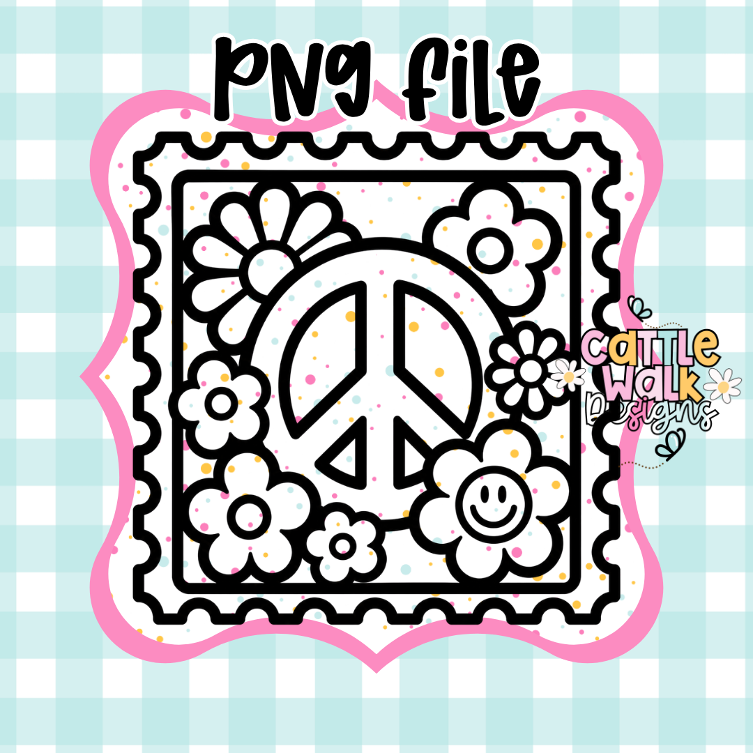 Retro Peace Stamp PNG | Hippie Flower Frame PNG | Smiley Flower Design | CWD-Style Thick Bold Outline | Freshie & Mold Friendly