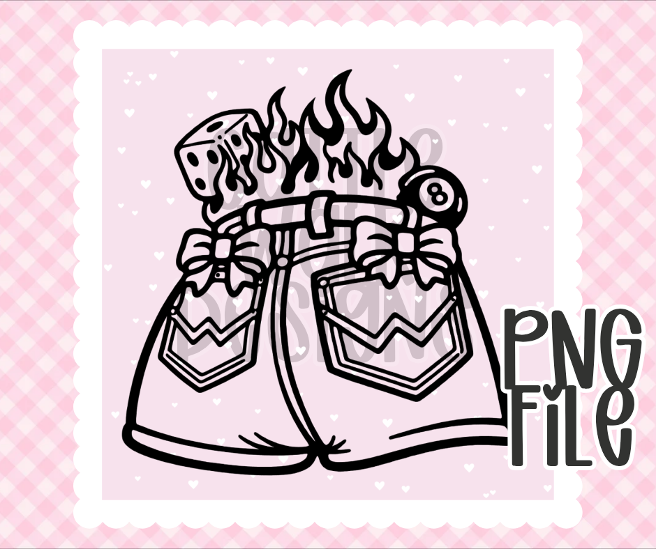 Flaming Pocket Shorts PNG | Dice & 8 Ball Design | Bold Black & White Outline | Freshie & Craft PNG