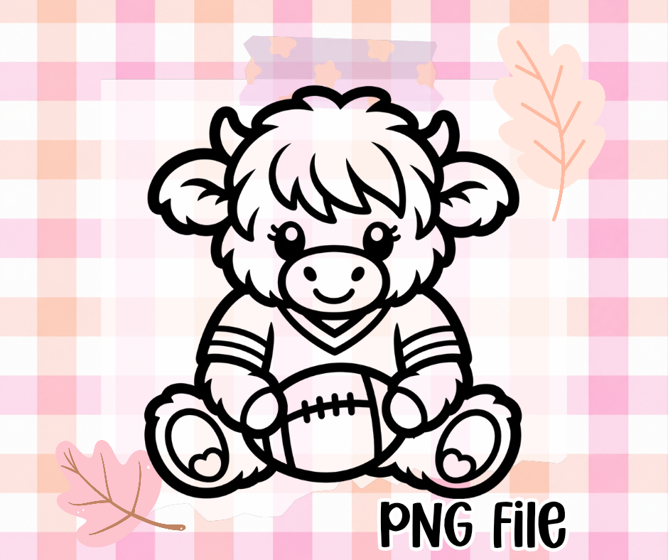 Highland Cow Football PNG | Thick Black & White Outline | Freshie Mold Friendly | Digital Download