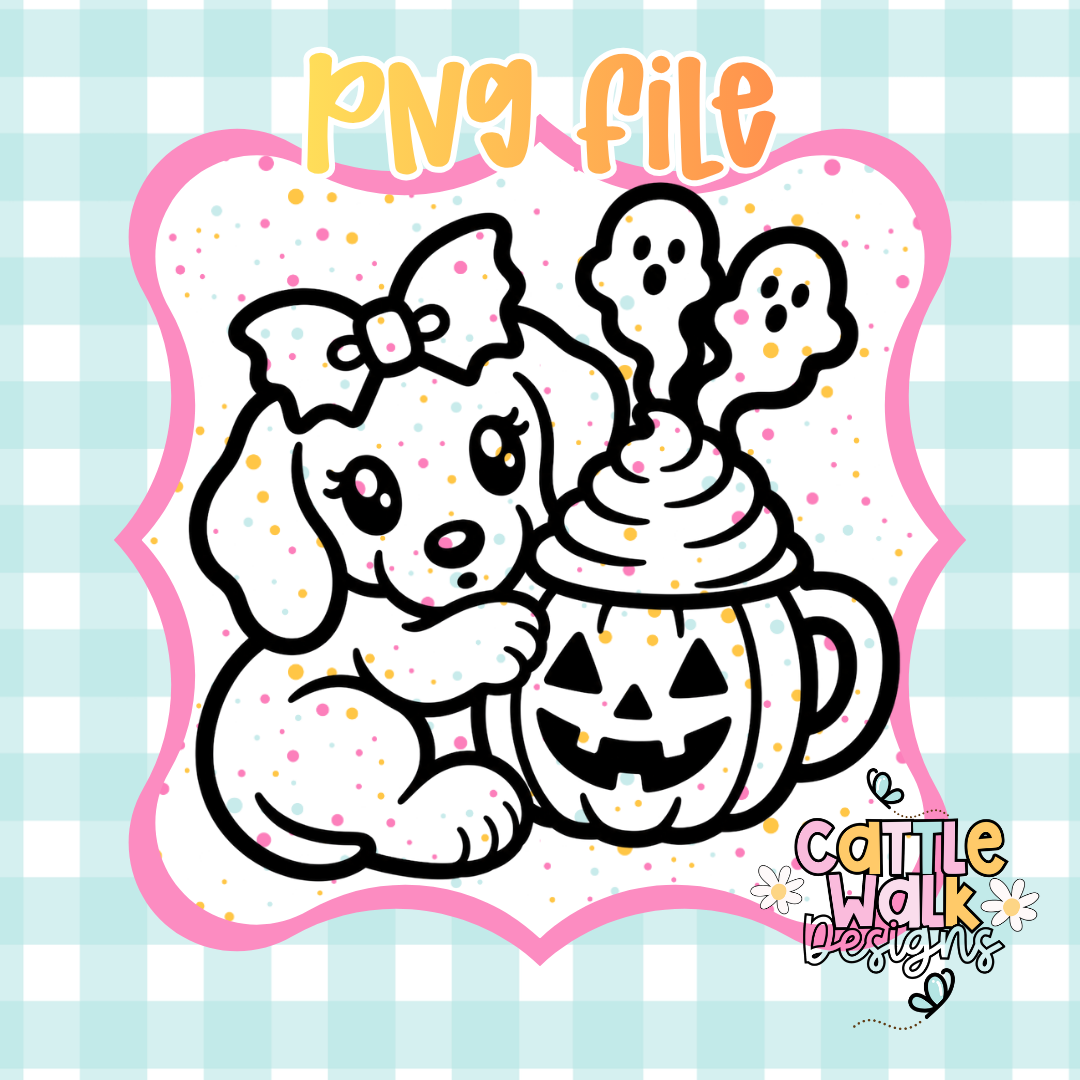 Cute Halloween Puppy with Ghost Cocoa PNG | Summerween Sublimation Design | Digital Download