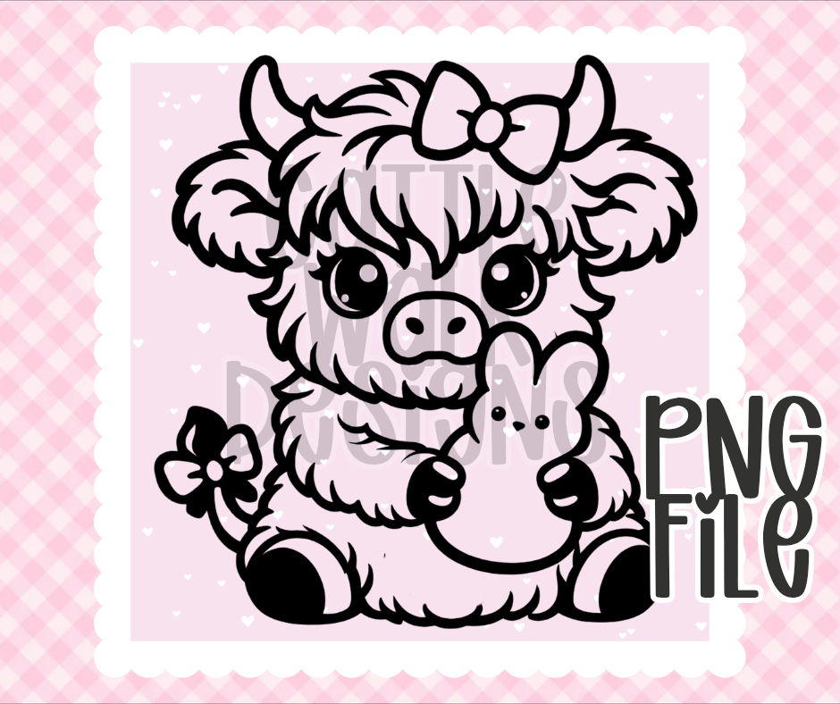 Cute Highland Cow with Bunny PNG | Easter Cow Design | Bold Black & White Outline | Freshie & Craft PNG