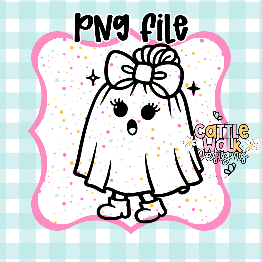 Little Miss Spooky Ghost PNG | Cute Halloween Ghost Design | Kawaii Ghost Girl | Spooky Season PNG | Freshie Mold PNG | Bold Outline CWD Style