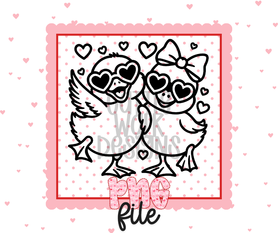 Cute Duck Couple Black & White PNG – Heart Sunglasses Valentine Freshie Design | Digital Download