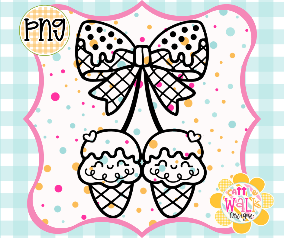 Waffle Cone Cherry Bow Ice Cream PNG | Cute Kawaii Summer Freshie Design | Bold Outline Mold Friendly Digital Download