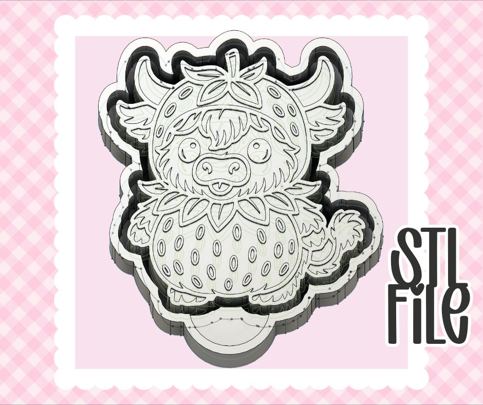 Strawberry Highland Cow STL File | Chunky Bold Mold-Ready 3D Print | Freshie & Craft Mold Design