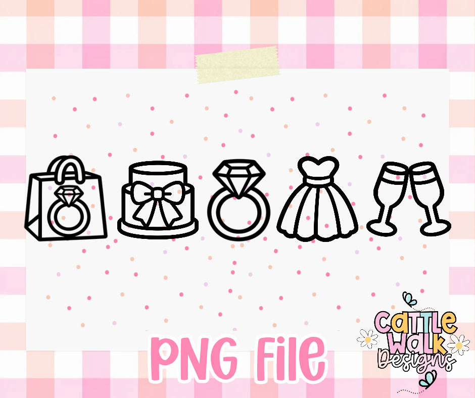 Wedding Charm PNG Set | Bridal & Engagement PNG | Ring, Cake, Dress & Champagne Designs