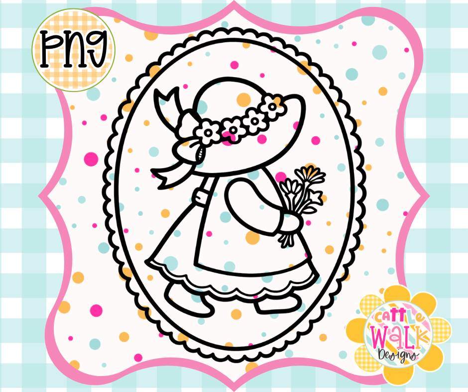 Vintage Little Girl PNG | Floral Bonnet Cameo Frame Design | Bold Outline Freshie Digital Download