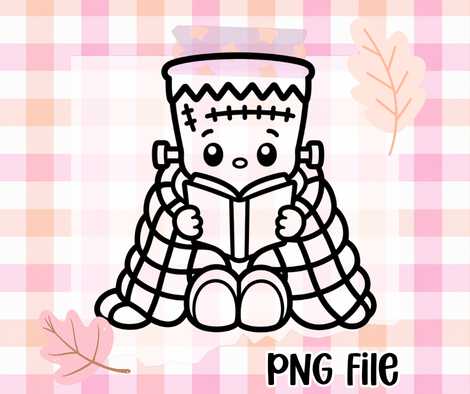 Cozy Frankenstein Reading PNG | Thick Black & White Outline | Freshie Mold Friendly | Digital Download