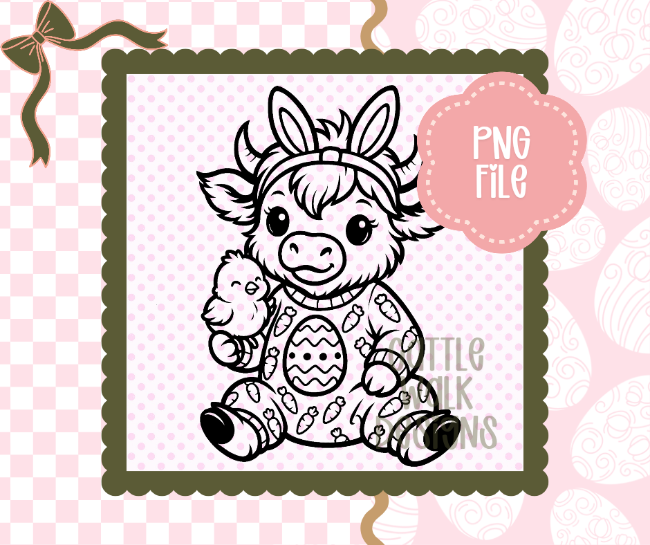 Easter Highland Cow PNG โ Cute Bunny Ear Highland with Chick and Egg โ Spring Freshie Design โ Cattle Walk Designs