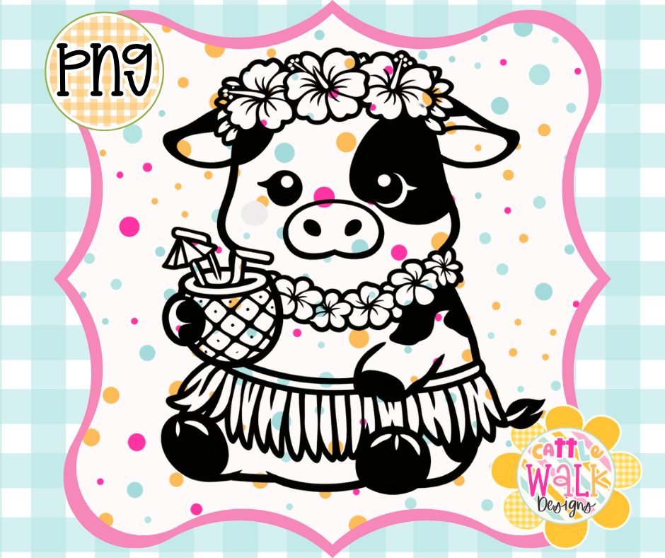Hula Cow PNG | Tropical Highland Cow Summer Design | Bold Outline Freshie Digital Download