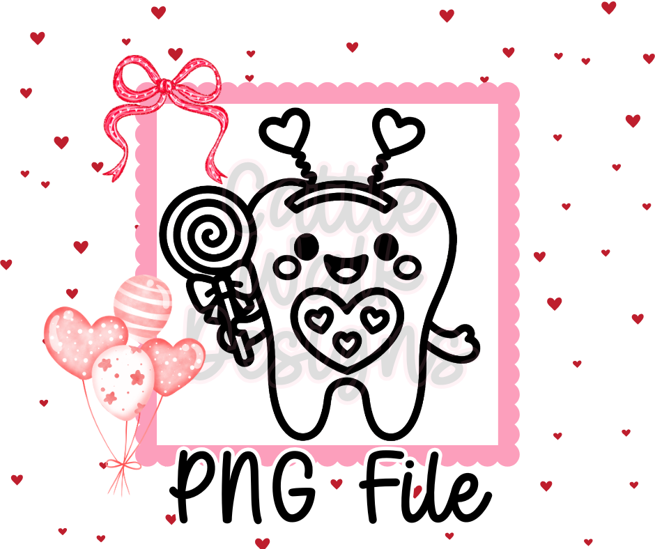 Sweet Tooth Valentine PNG • Cute Tooth with Lollipop • Heart Antennas Clipart • CWD Thick Outline Design