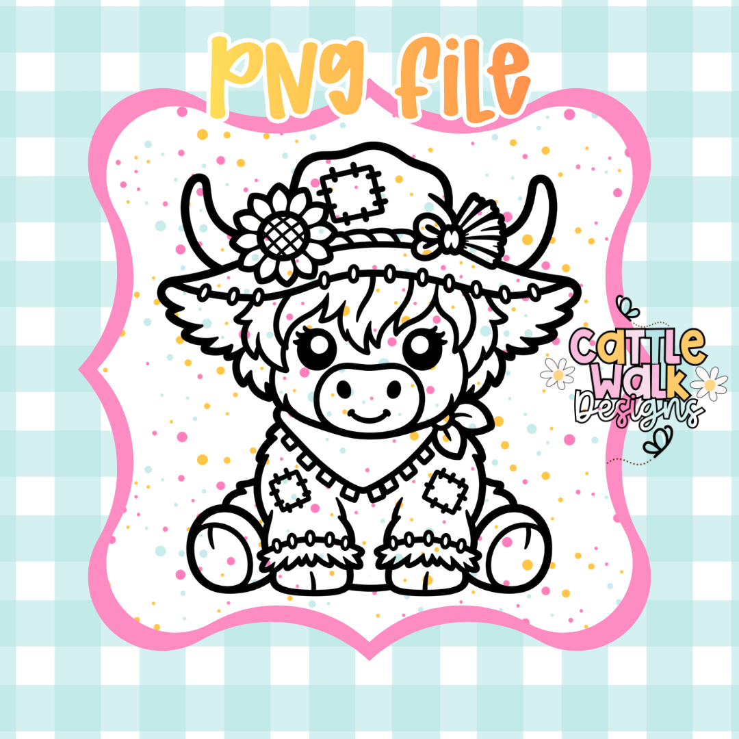 Scarecrow Highland Cow PNG | Cute Fall Highland Cow Digital Download | Farmhouse Autumn Sublimation Design