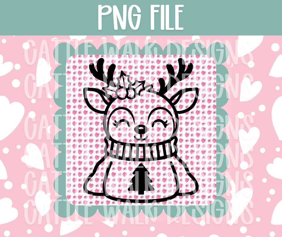 Reindeer in Sweater Outline PNG – Black & White Christmas Deer Clipart, Cute Holiday Line Art PNG for Sublimation, Coloring, Freshies, or Laser Cutting