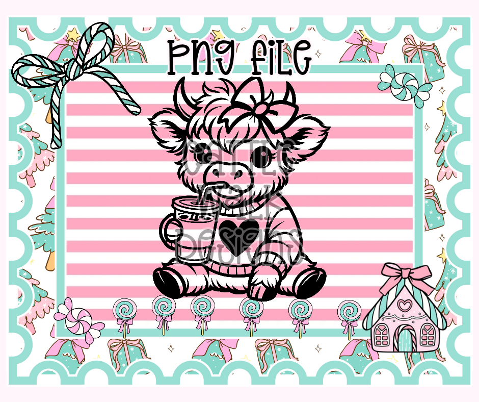 Cozy Highland Cow with Drink PNG