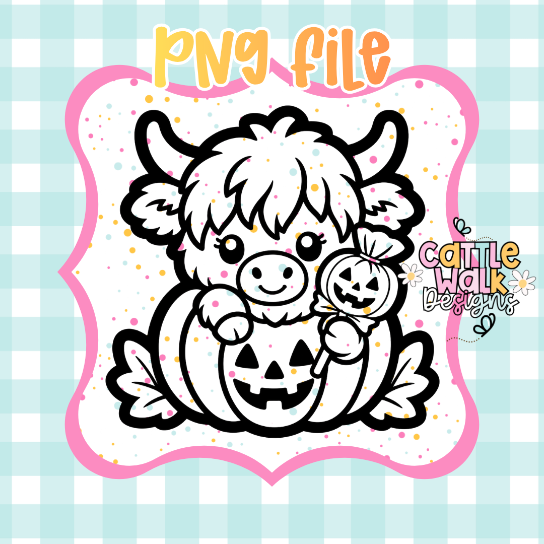 Highland Cow Pumpkin & Lollipop PNG | Cute Halloween Highland Cow Digital Download | Spooky Cute Sublimation Design