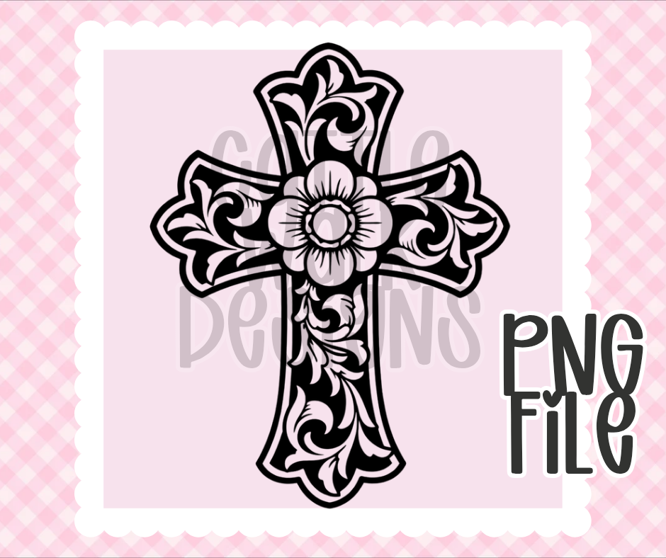 Ornate Floral Cross PNG | Christian Cross Design | Bold Black & White Outline | Freshie & Craft PNG
