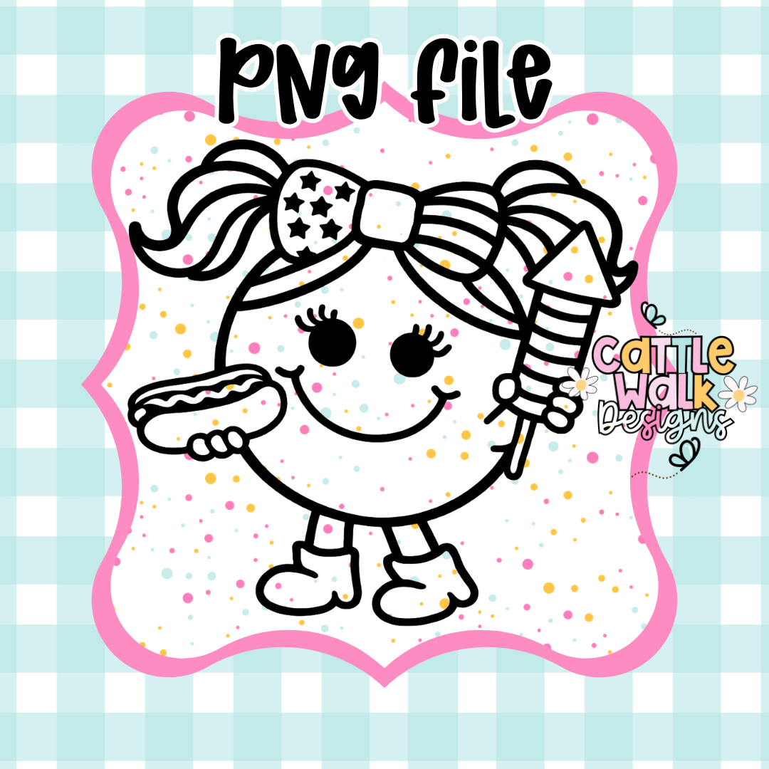Little Miss All American Chaos PNG | Patriotic Kawaii Character | 4th of July Freshie Design | Hot Dog & Firework Girl PNG
