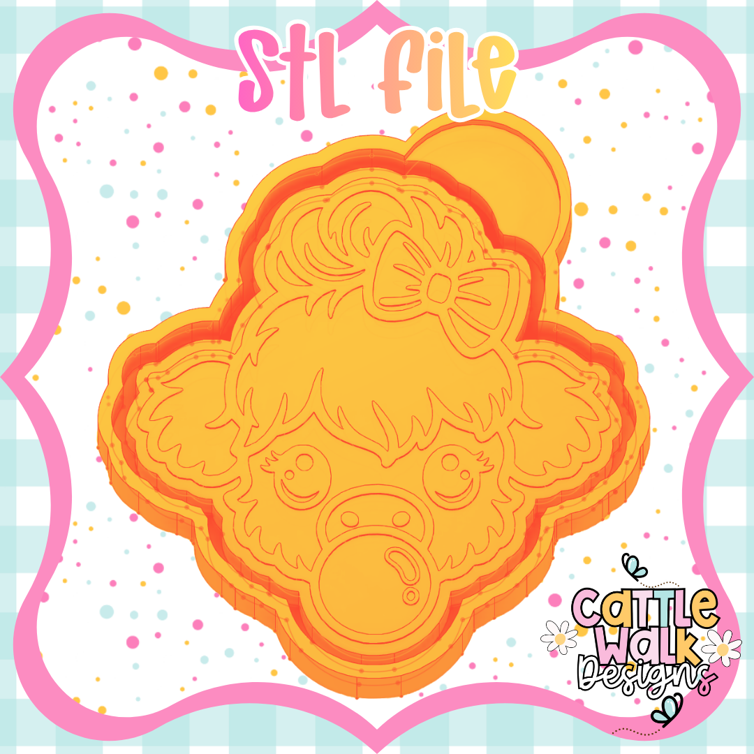 Highland Cow Bubblegum STL File | Kawaii Cow w/ Bow | Cute Freshie Mold | CWD-Style Bold Outline | 3D Print File