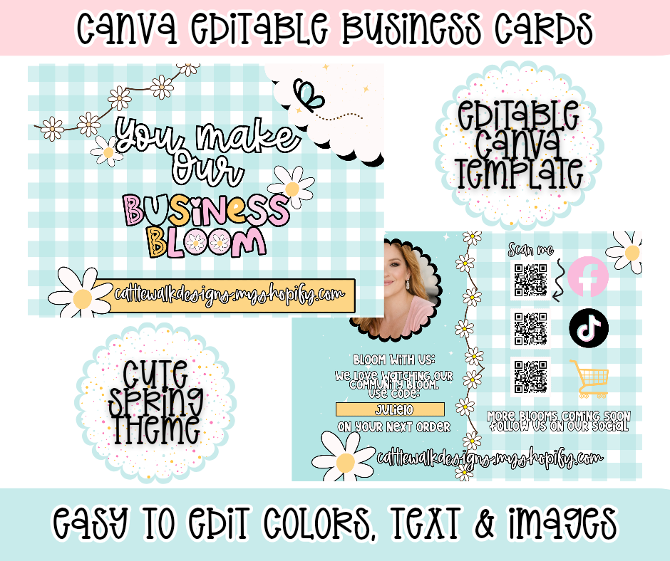 Editable Canva Business Card Template β Bloom With Us Thank You Insert | QR Code, Discount Code & Social Media Card | Small Business Marketing Template