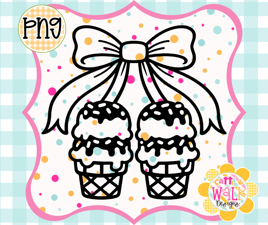 Double Scoop Bow Ice Cream PNG | Waffle Cone Summer Design | Bold Outline Freshie Digital Download