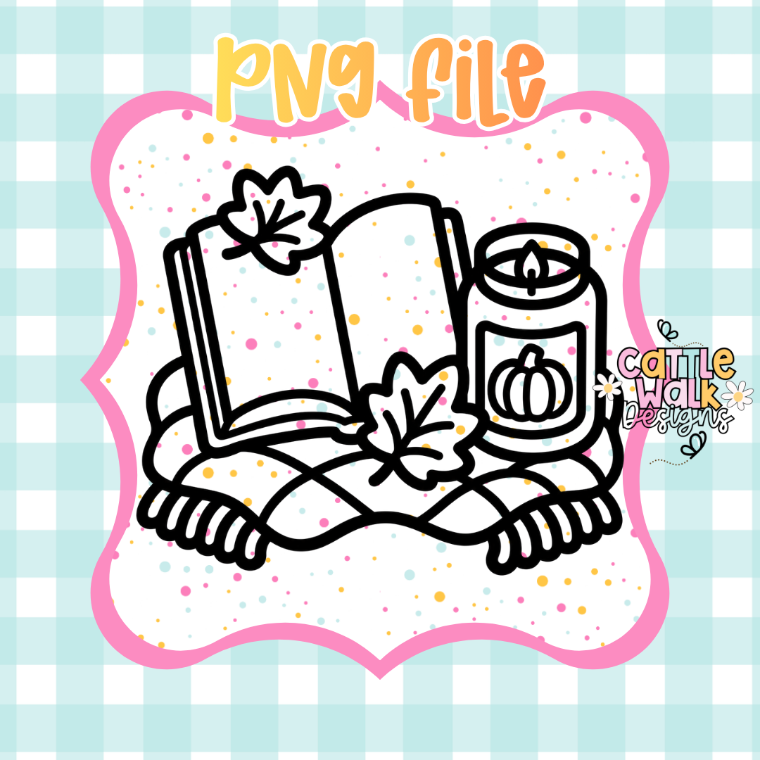 Cozy Fall Reading PNG | Open Book, Blanket & Pumpkin Candle Digital Download | Autumn Sublimation PNG | Printable Design