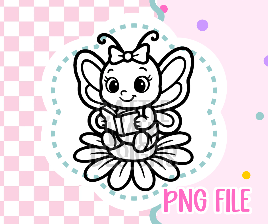 Butterfly Girl Outline PNG – Cute Reading Butterfly Sitting on Flower