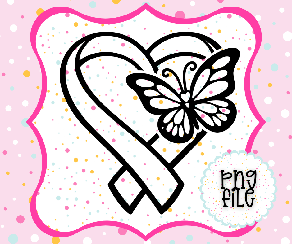 Breast Cancer Awareness Heart Ribbon PNG | Butterfly Support Ribbon | Awareness Freshie Design | Digital Download