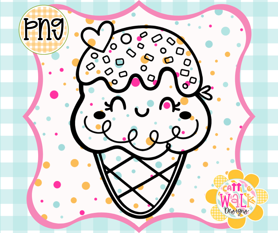 Cute Waffle Cone Ice Cream PNG | Kawaii Sprinkle Ice Cream Design | Bold Outline Freshie Digital Download